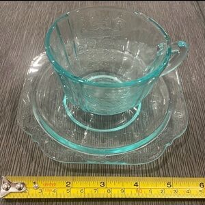 Vintage Teal Depression Glass Teacup and Saucer Set